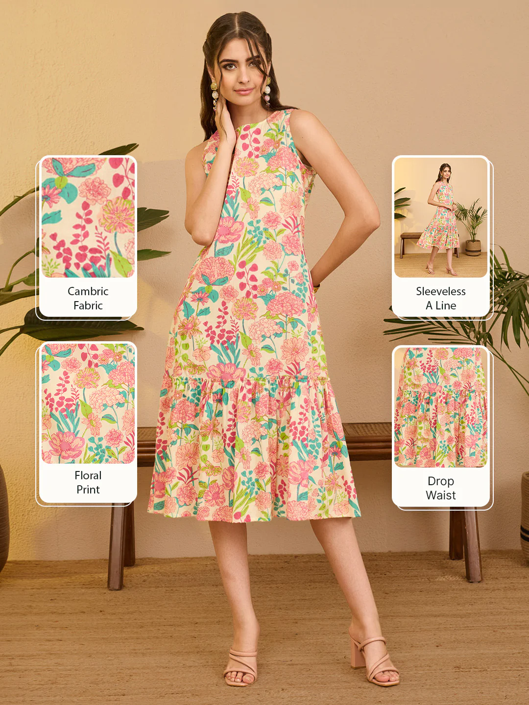 Women's Beige Pure Cotton Floral Printed A-line Dress