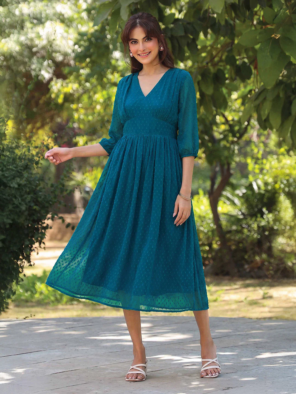 Women's Teal Blue Dobby Chiffon Self Design Fit & Flare Dress
