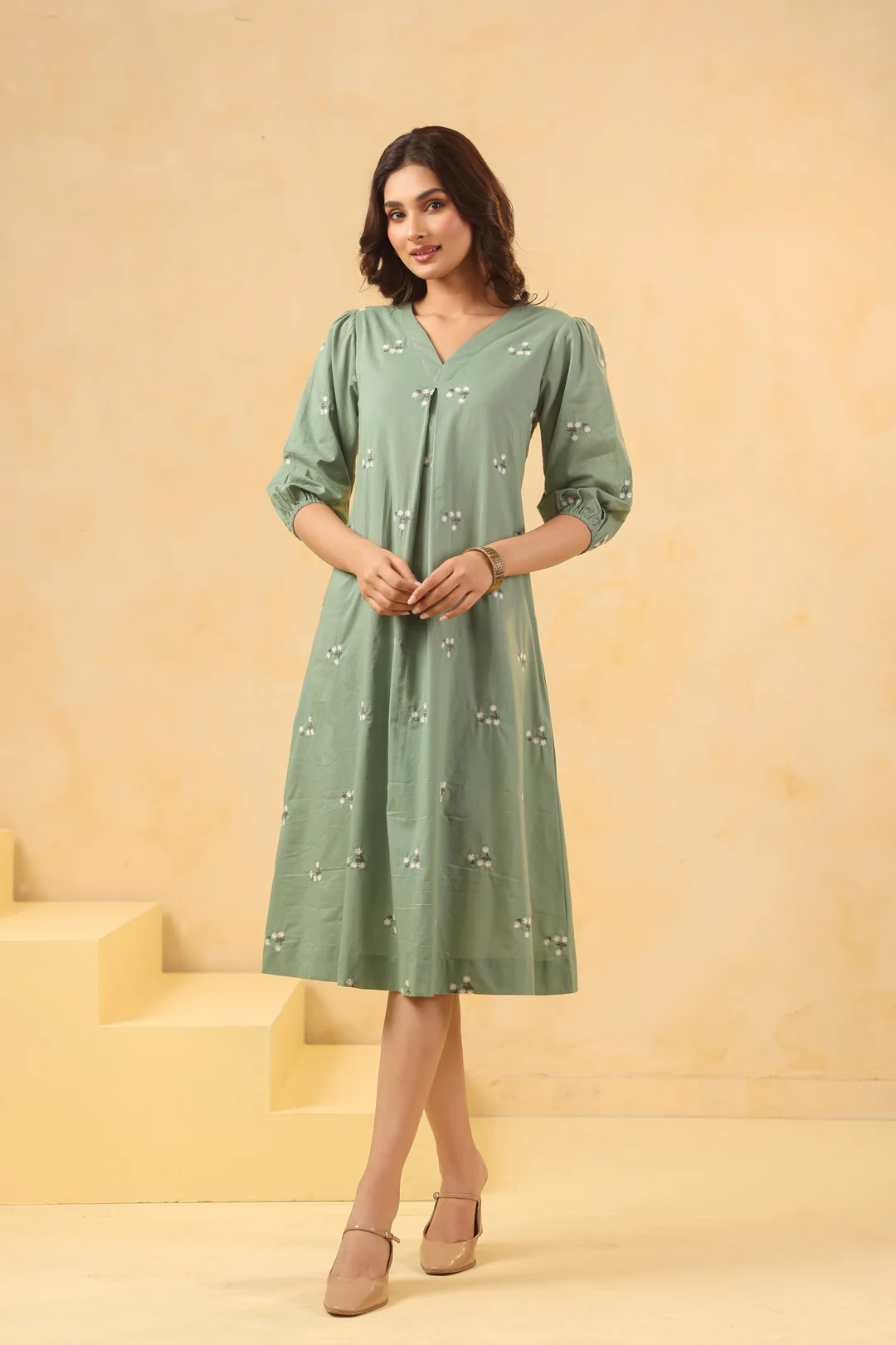 Green Cotton Embroidered A-Line Dress