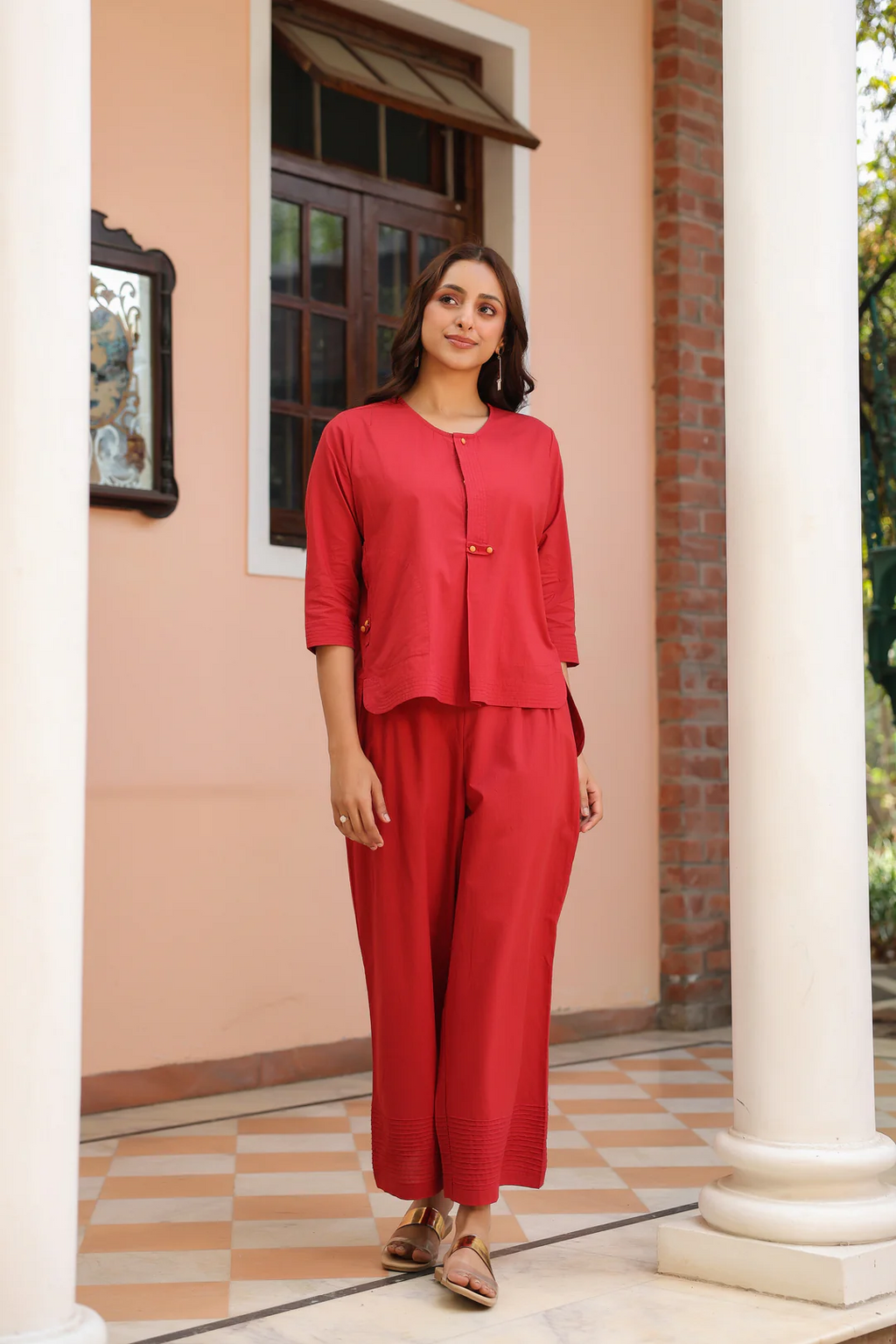 Red Cotton Detailed Co-Ord Set