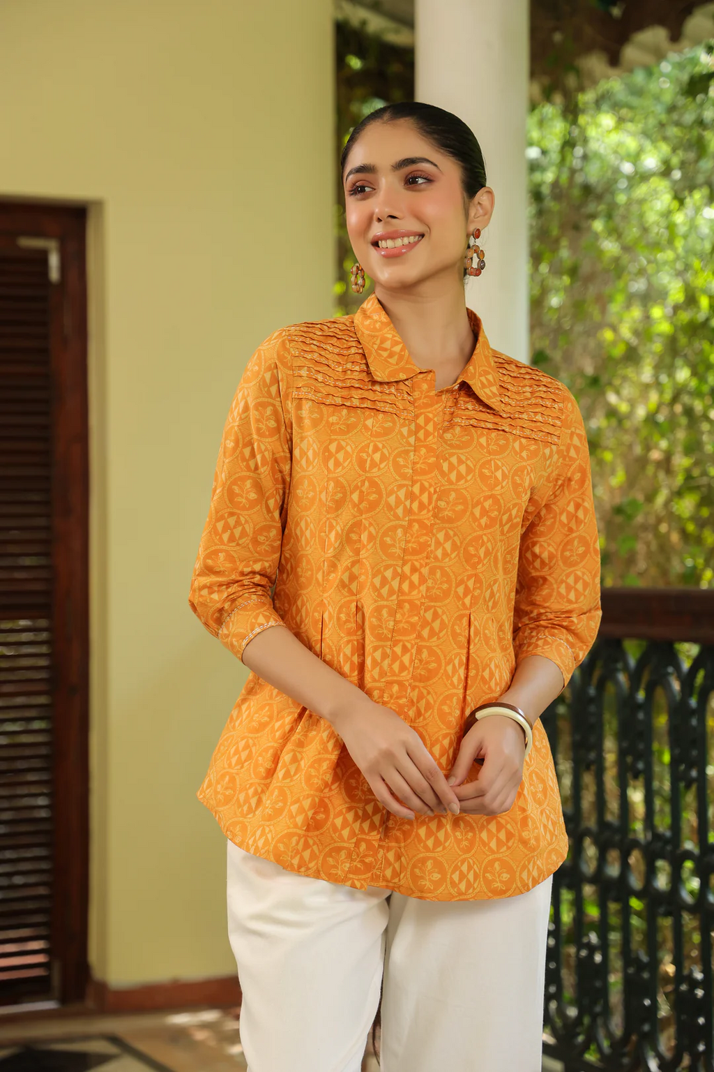 Mustard Cotton Detailed Printed Designer A-Line Top
