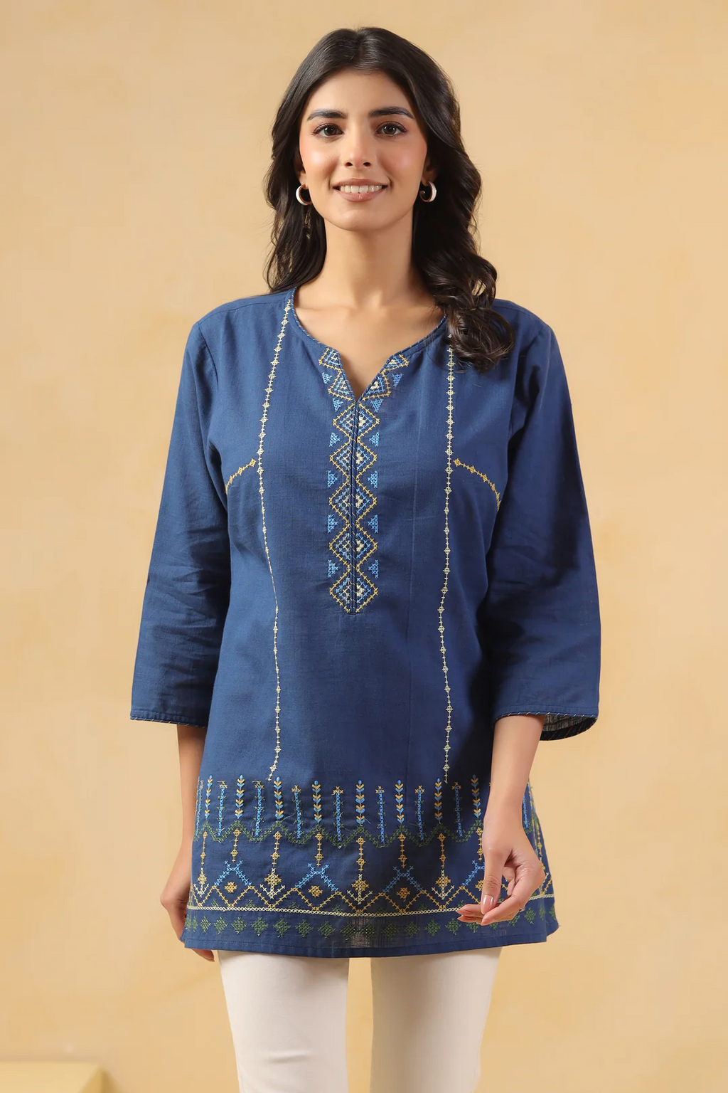 Blue Cotton Embroidered Designer Top