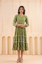 Green Cotton Slub Printed Flared Dress