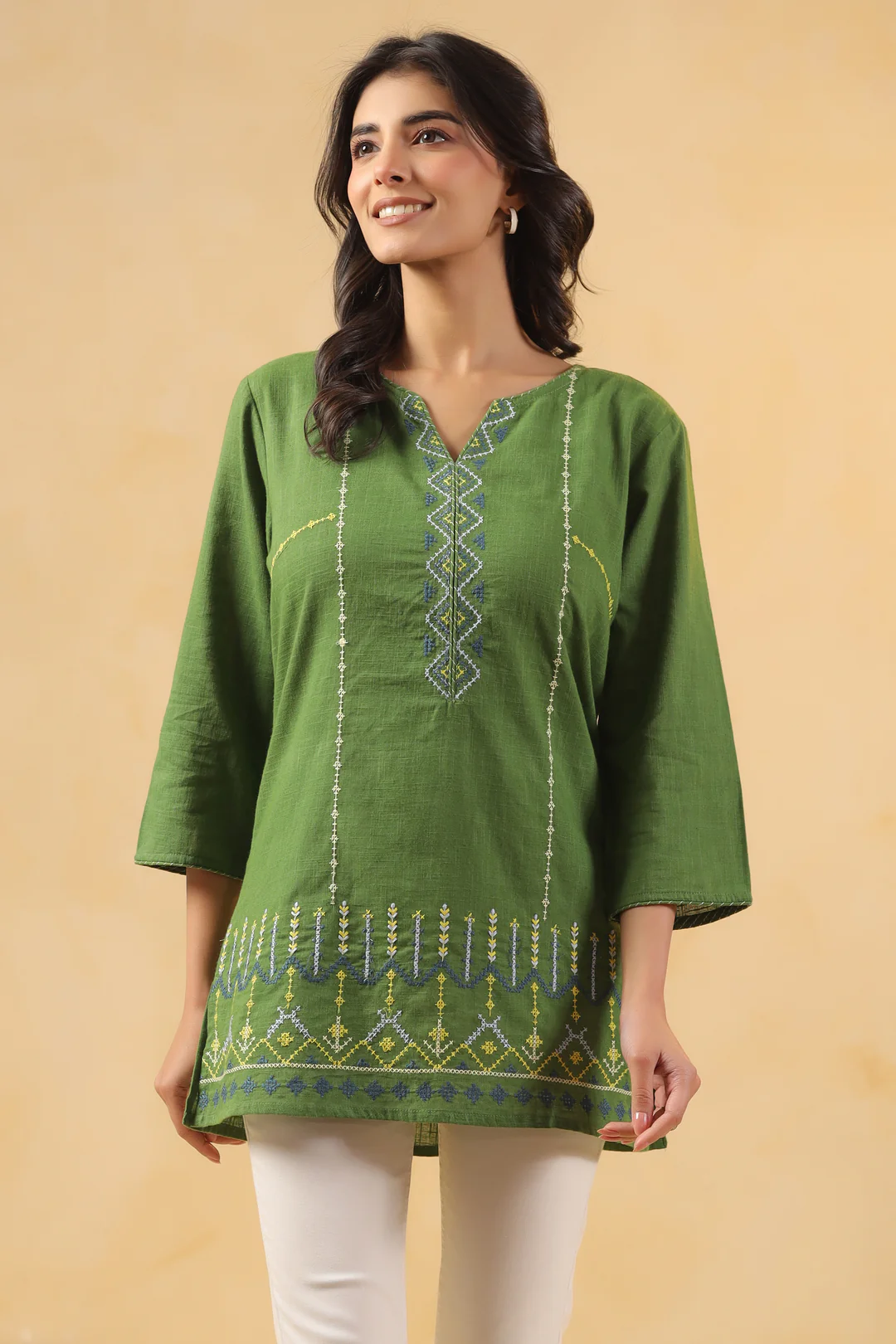 Green Cotton Embroidered Designer Top