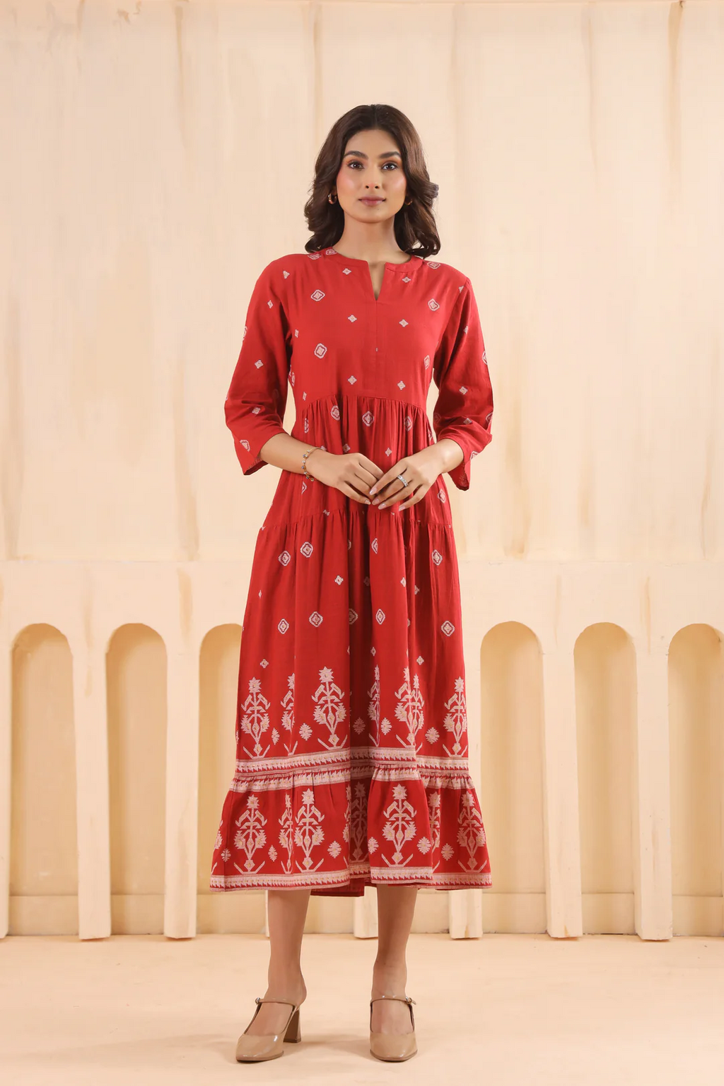 Rust Cotton Slub Printed Designer Flared Dress