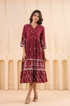 Maroon Cotton Slub Printed Flared Dress