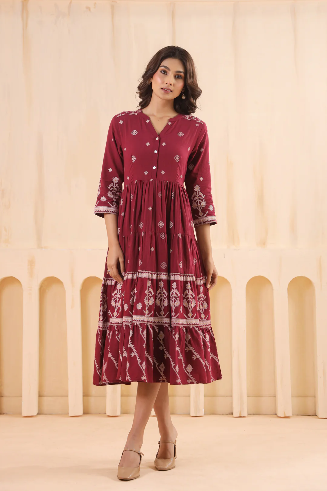 Maroon Cotton Slub Printed Flared Dress