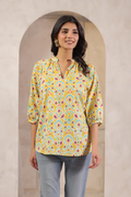 Yellow Cotton Printed Designer Top