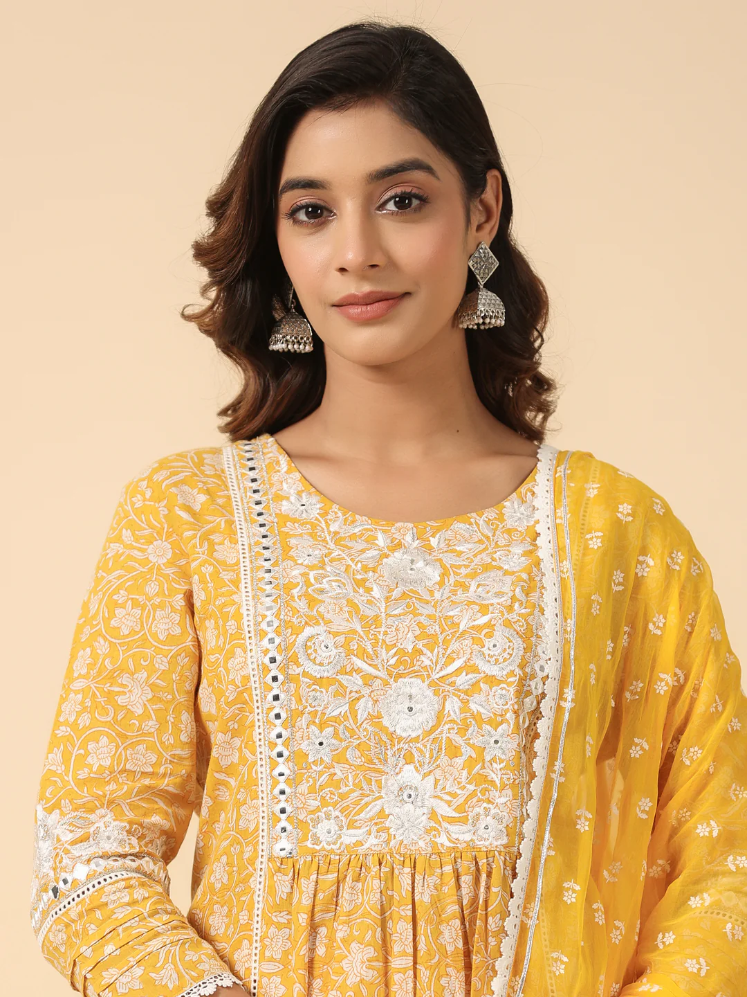 Yellow Cotton Hand Block Printed Embroidered A Line Kurta Pant Set with Dupatta