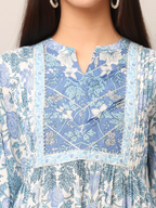 Cotton Blue Printed A-Line Kurta Pant Set