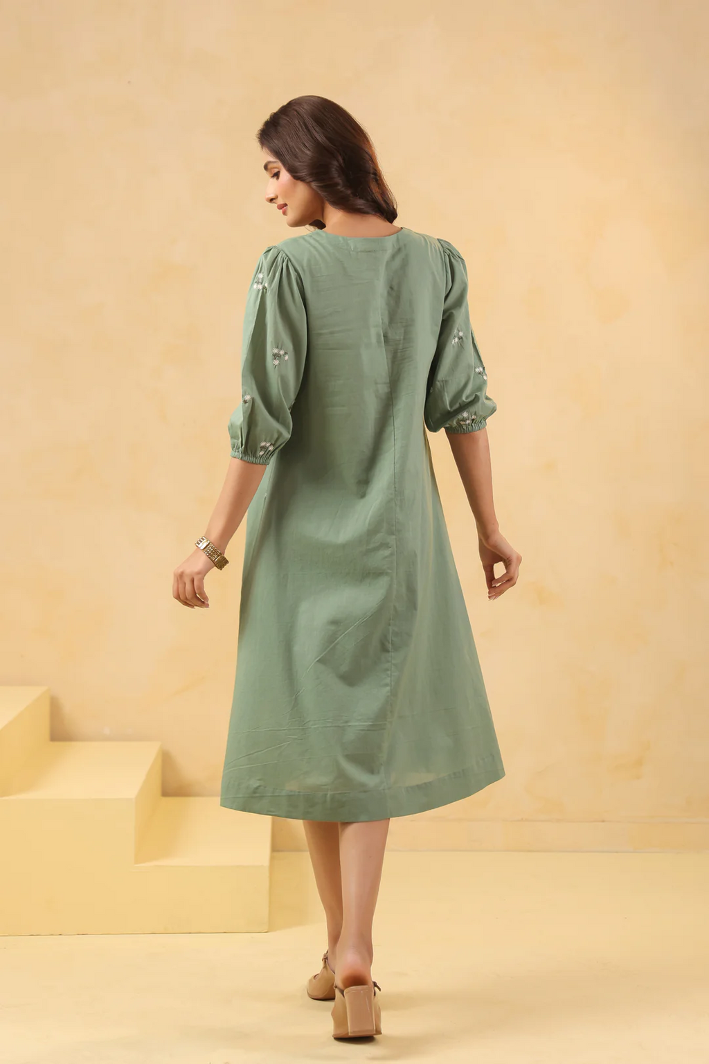 Green Cotton Embroidered A-Line Dress