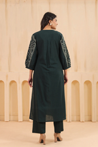 Green Cotton Slub Embroidered Designer Kurta Pant Set