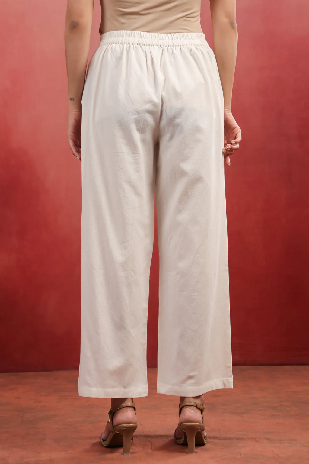 White cotton Solid Straight Pant