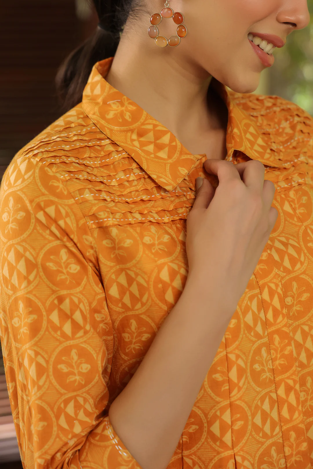 Mustard Cotton Detailed Printed Designer A-Line Top
