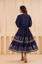 Blue Cotton Floral Printed Flared Dress