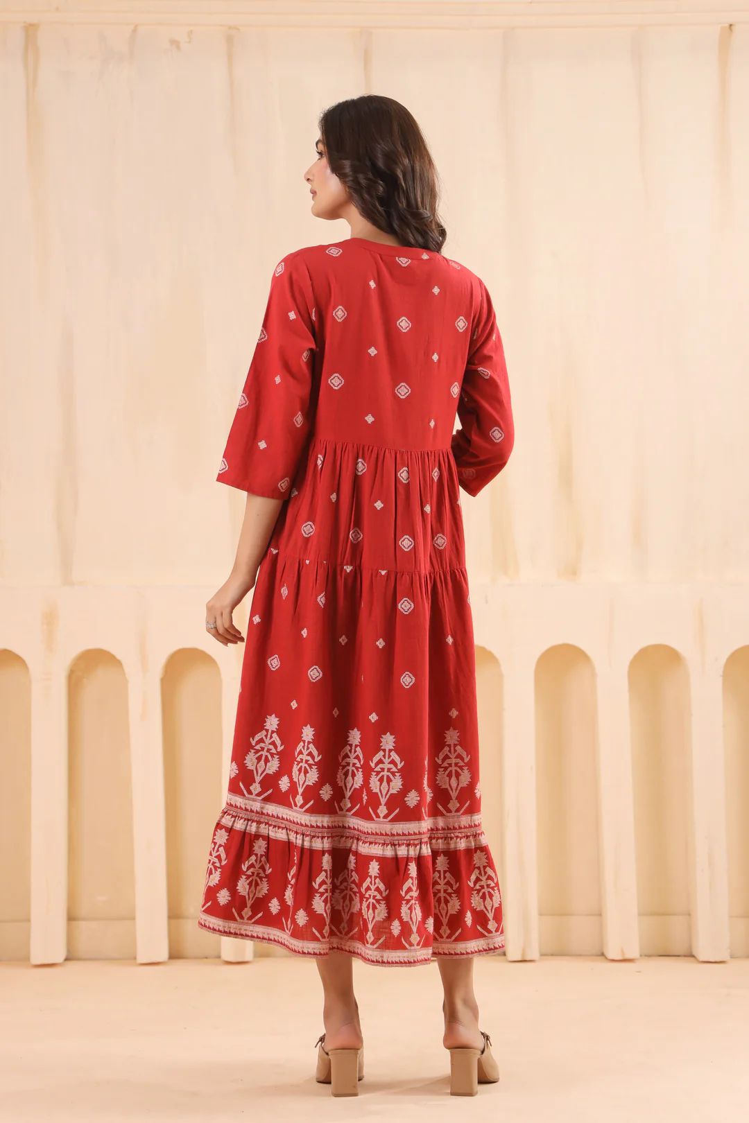 Rust Cotton Slub Printed Designer Flared Dress