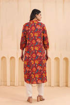 Red Cotton Printed Straight Kurta