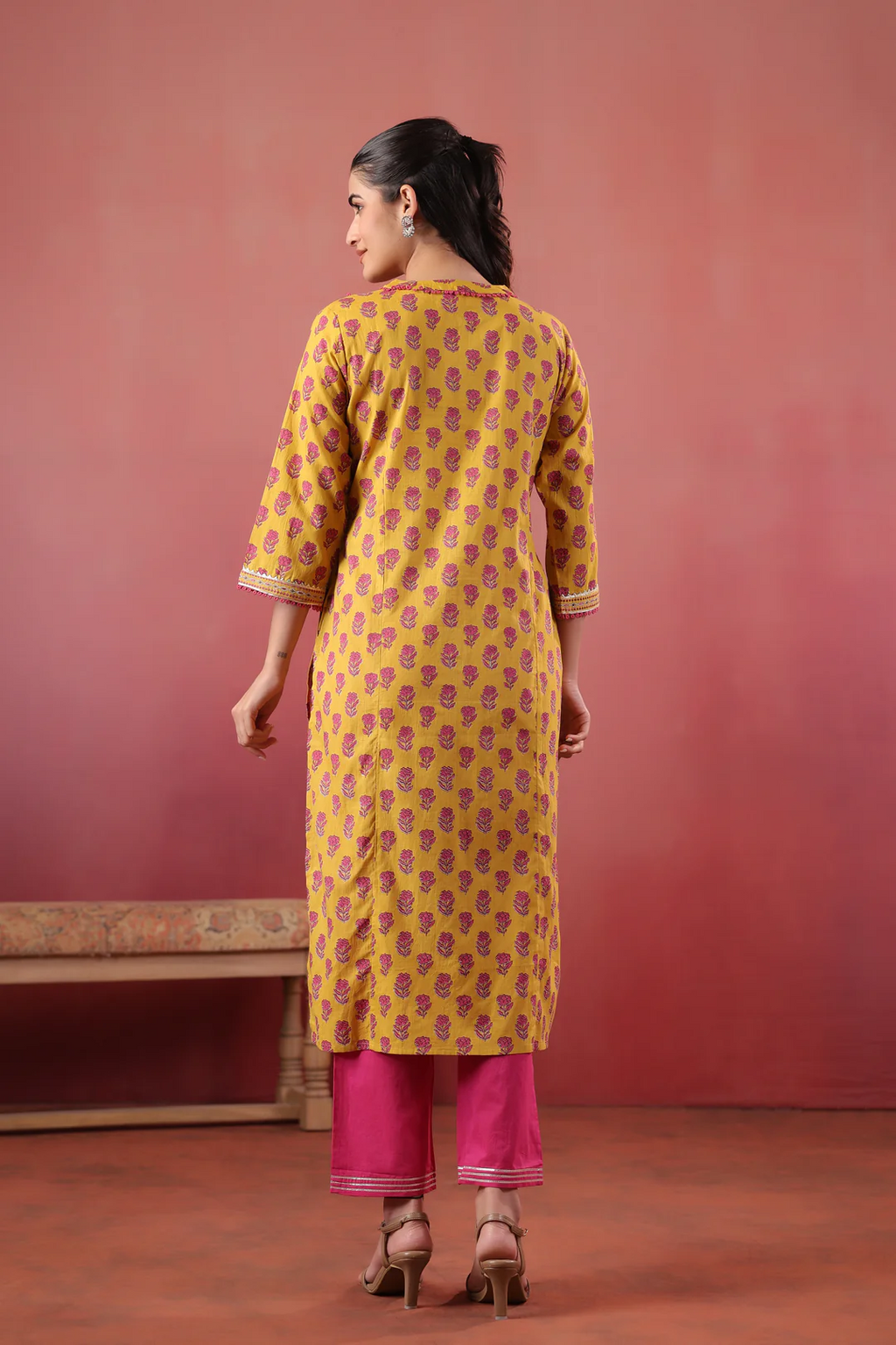Yellow cotton Embroidery Designer Kurta pant Set