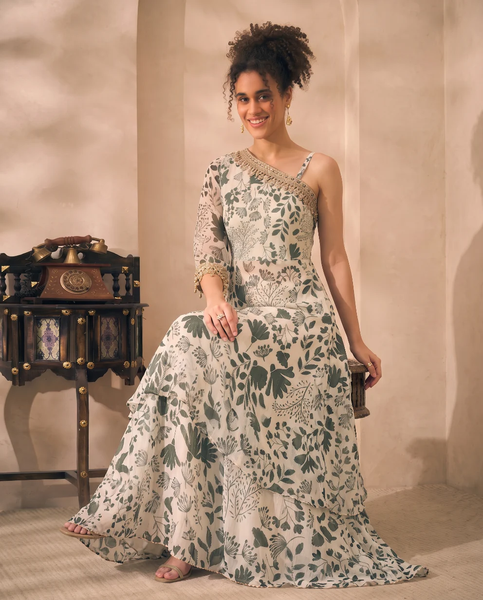 Multicolor Floral Printed Chiffon Lurex One Shoulder Tunic & Palazzo Indo Western Women Co-ord Set
