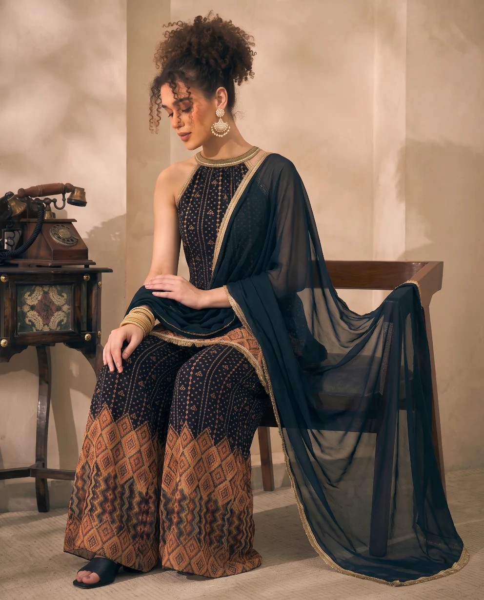 Halter Neck Bandhani Border Chiffon Kurta With Palazzo With Dupatta Indo Western Women's 3 Piece Set