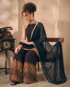 Halter Neck Bandhani Border Chiffon Kurta With Palazzo With Dupatta Indo Western Women's 3 Piece Set