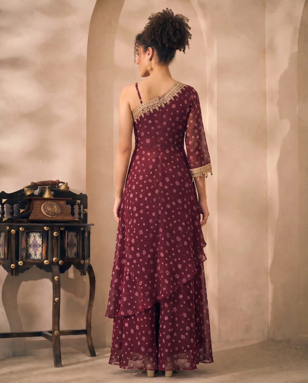 Wine Floral Printed Georgette Butta One Shoulder Tunic & Palazzo Indo Western Women Co-ord Set
