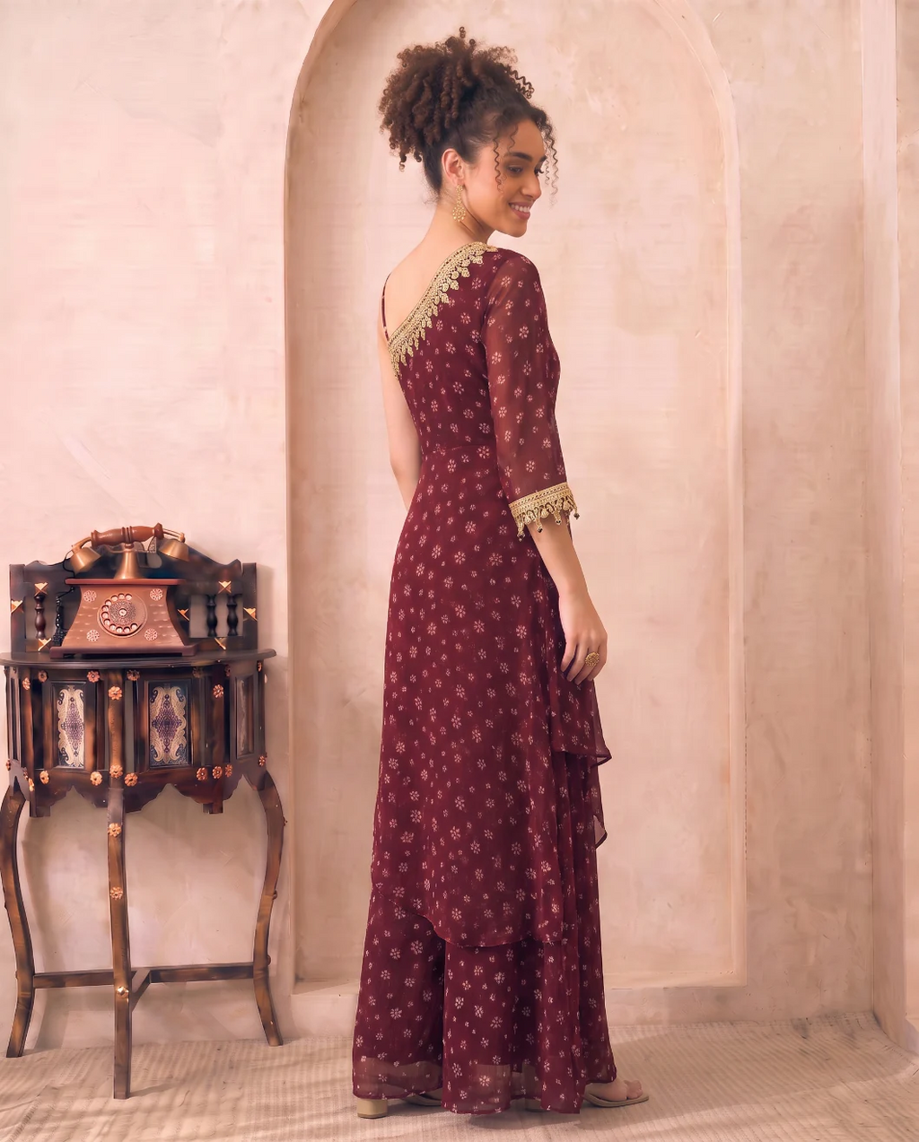 Wine Floral Printed Georgette Butta One Shoulder Tunic & Palazzo Indo Western Women Co-ord Set