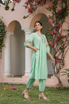 Green Cotton Embroidered Detail Kurta Pant Set SGREMK-3212_M