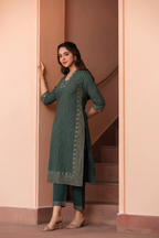 Green Cotton Printed Kurta Pant Set