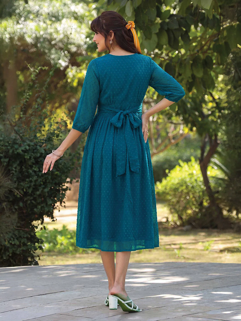 Women's Teal Blue Dobby Chiffon Self Design Fit & Flare Dress