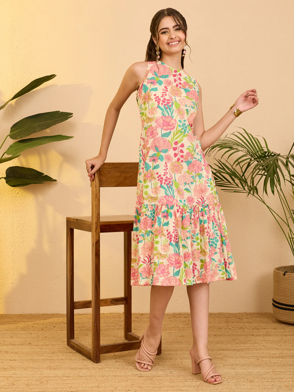 Women's Beige Pure Cotton Floral Printed A-line Dress