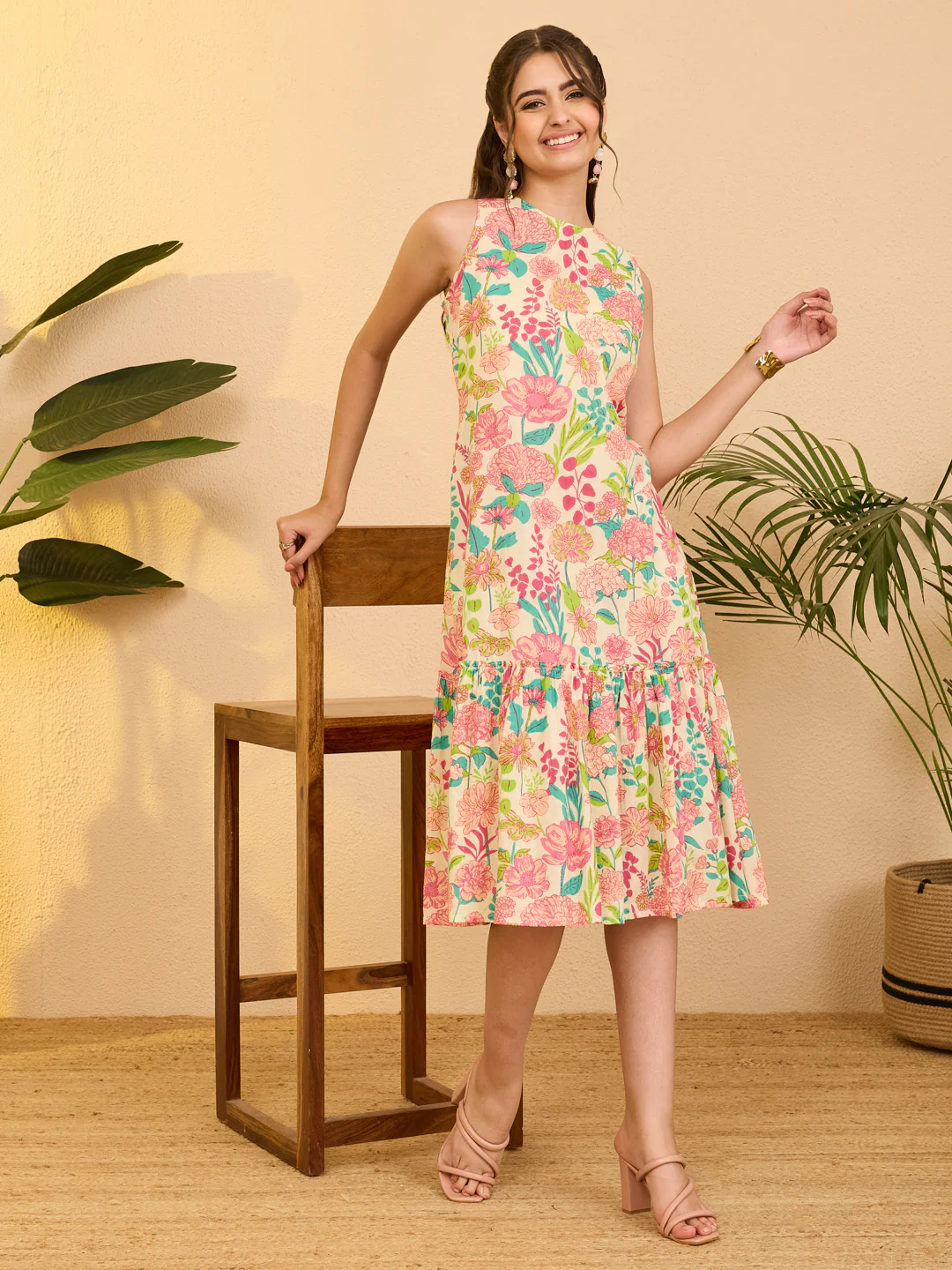 Women's Beige Pure Cotton Floral Printed A-line Dress