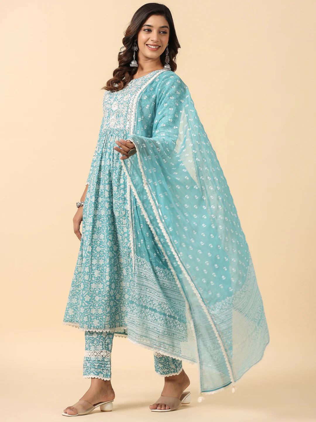 Blue Viscose Rayon Floral Print Zari Work A-Line Kurta Pant Dupatta Set
