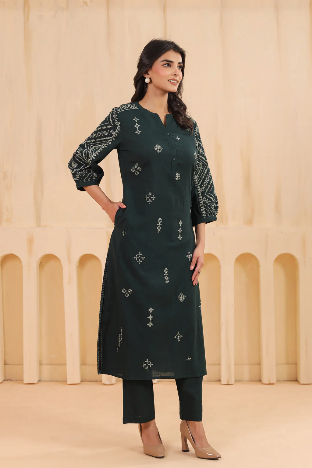 Green Cotton Slub Embroidered Designer Kurta Pant Set