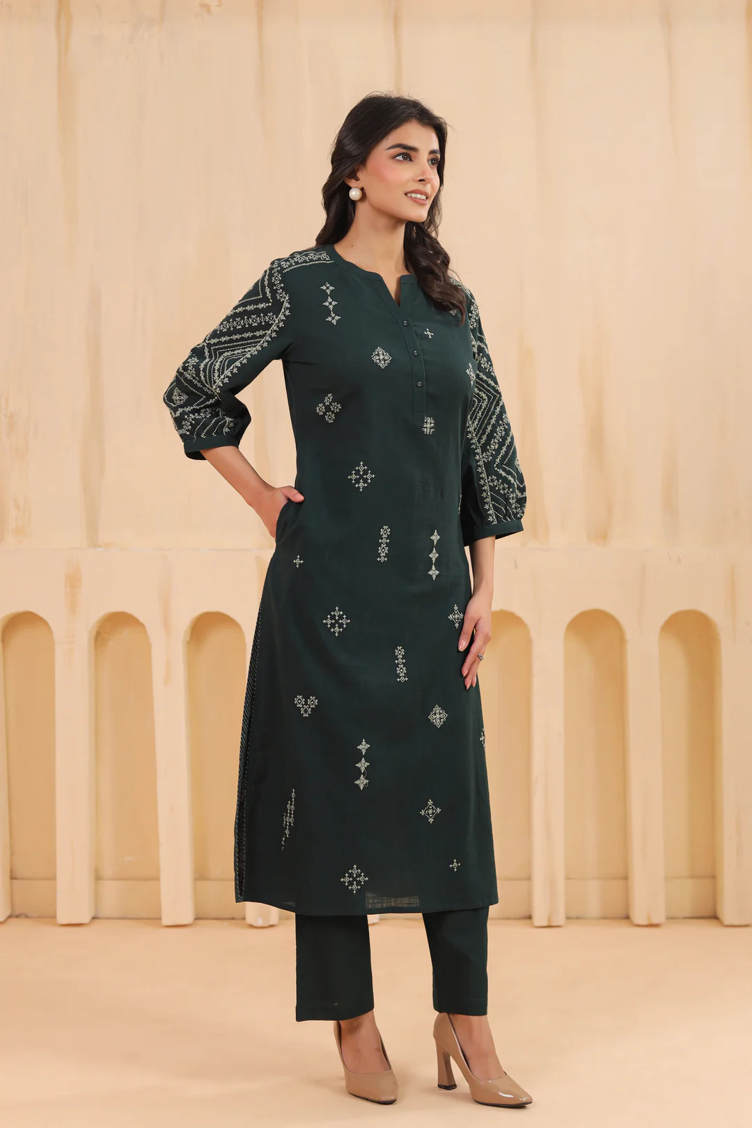 Green Cotton Slub Embroidered Designer Kurta Pant Set