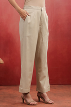 Beige Cotton Solid Wide Leg Pant