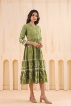 Green Cotton Slub Printed Flared Dress