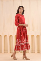 Rust Cotton Slub Printed Designer Flared Dress