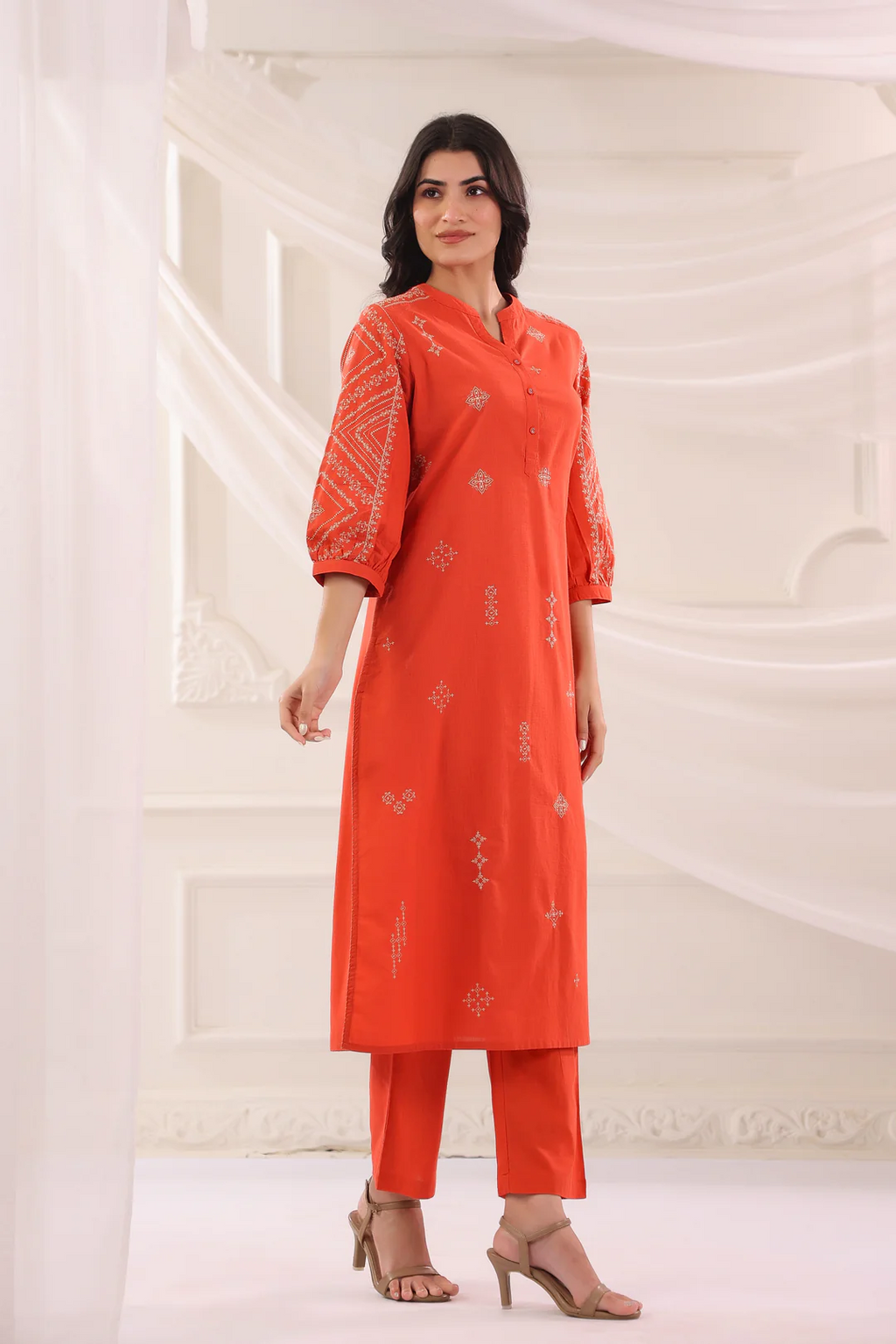 Rust Cotton Slub Embroidered Kurta Pant Set