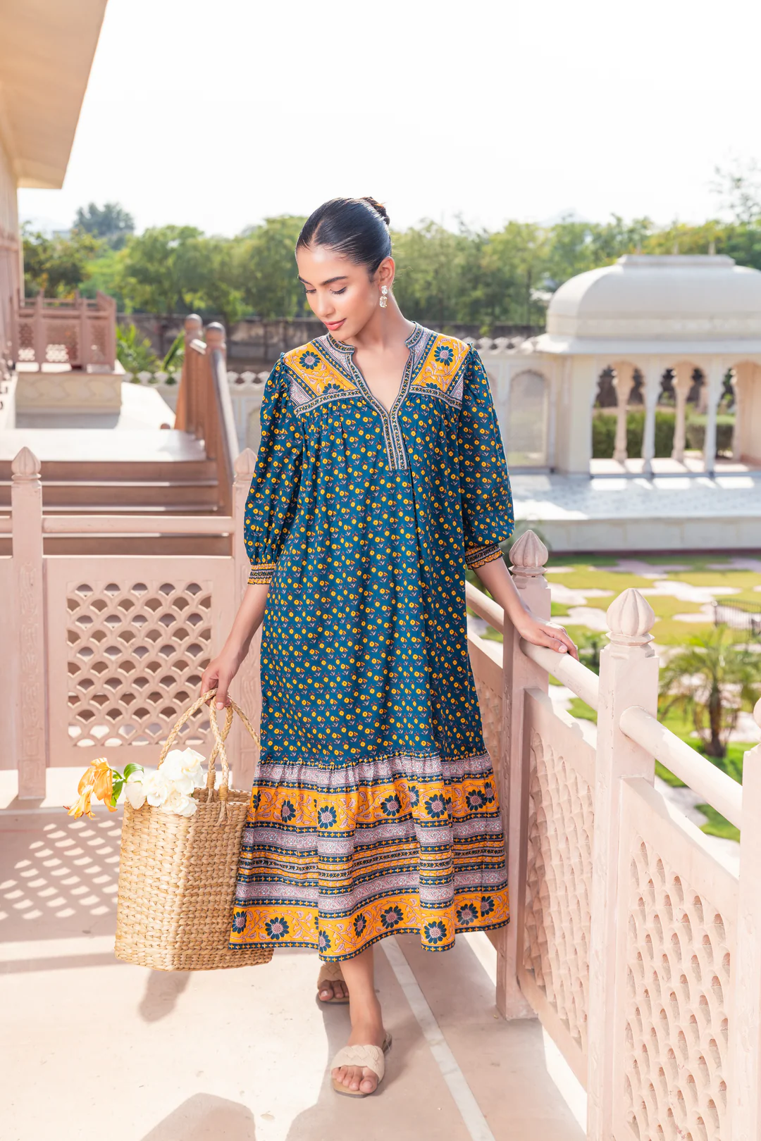 Teal Green Cotton Printed Designer Dress