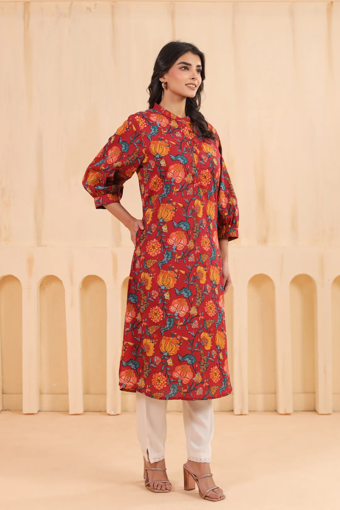 Red Cotton Printed Straight Kurta