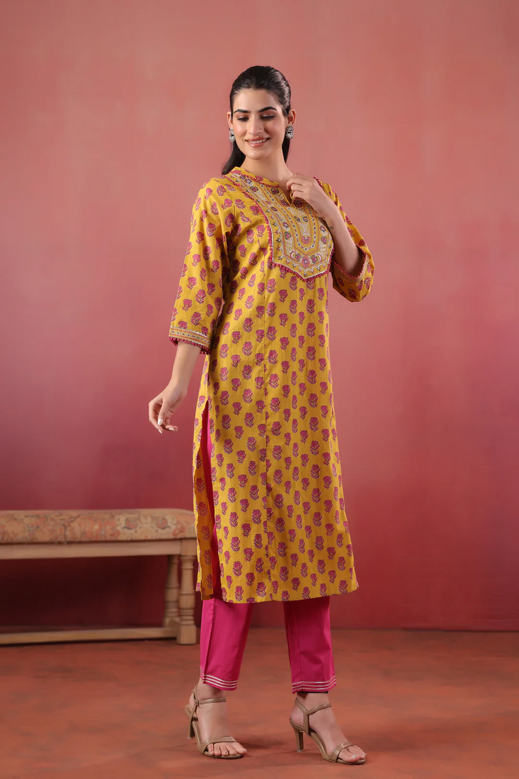 Yellow cotton Embroidery Designer Kurta pant Set