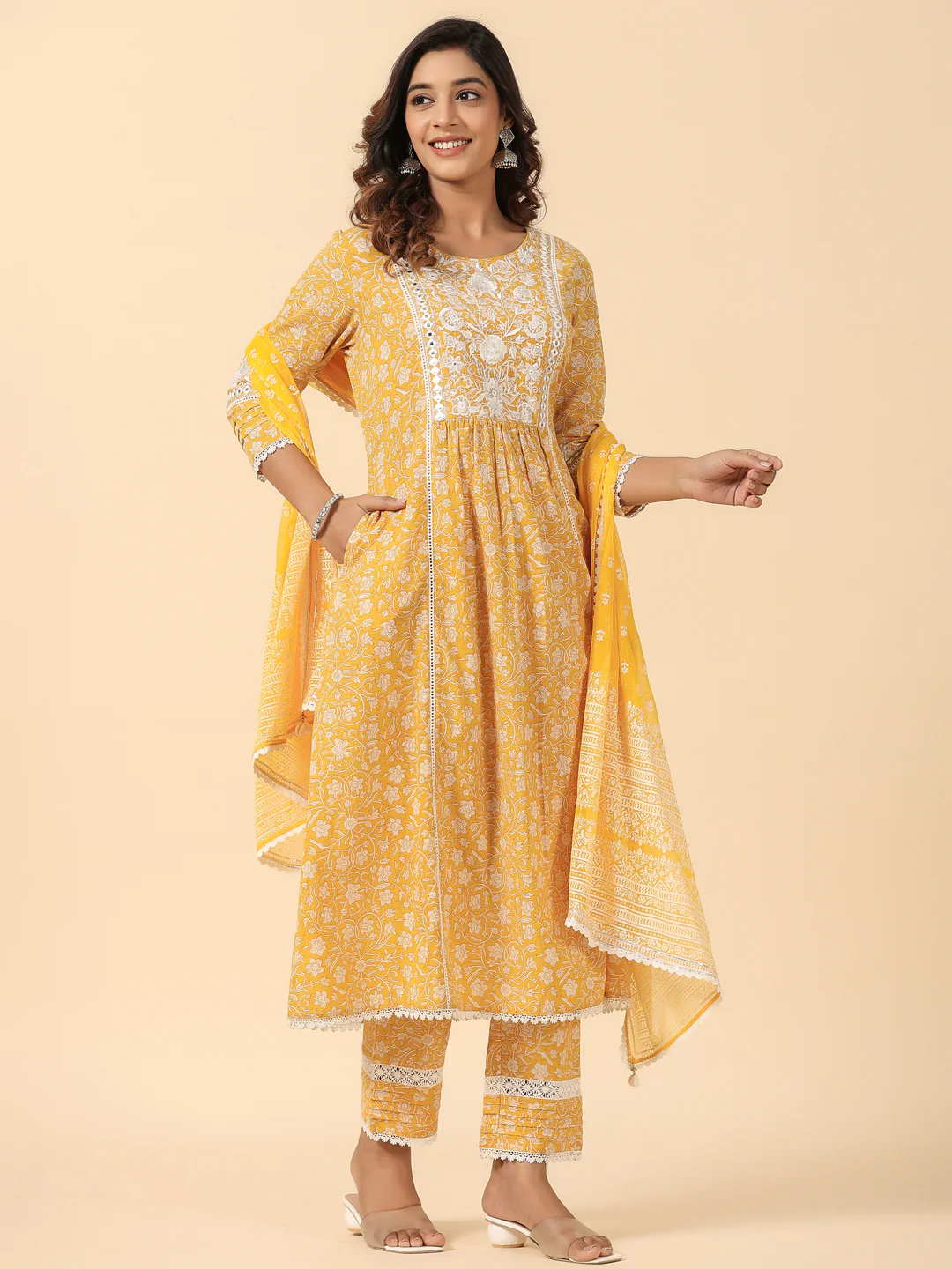 Yellow Cotton Hand Block Printed Embroidered A Line Kurta Pant Set with Dupatta