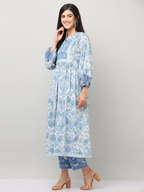 Cotton Blue Printed A-Line Kurta Pant Set