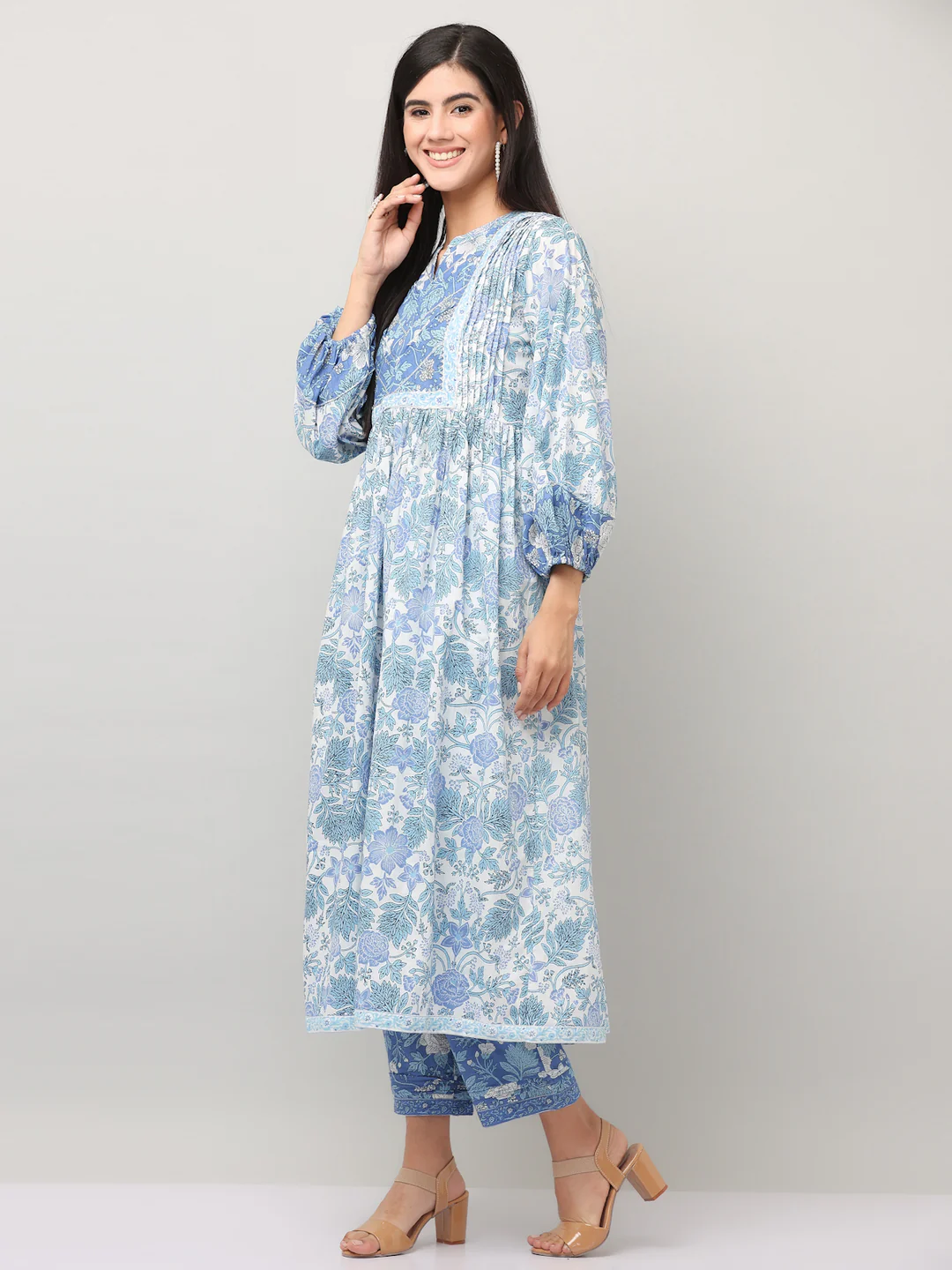 Cotton Blue Printed A-Line Kurta Pant Set