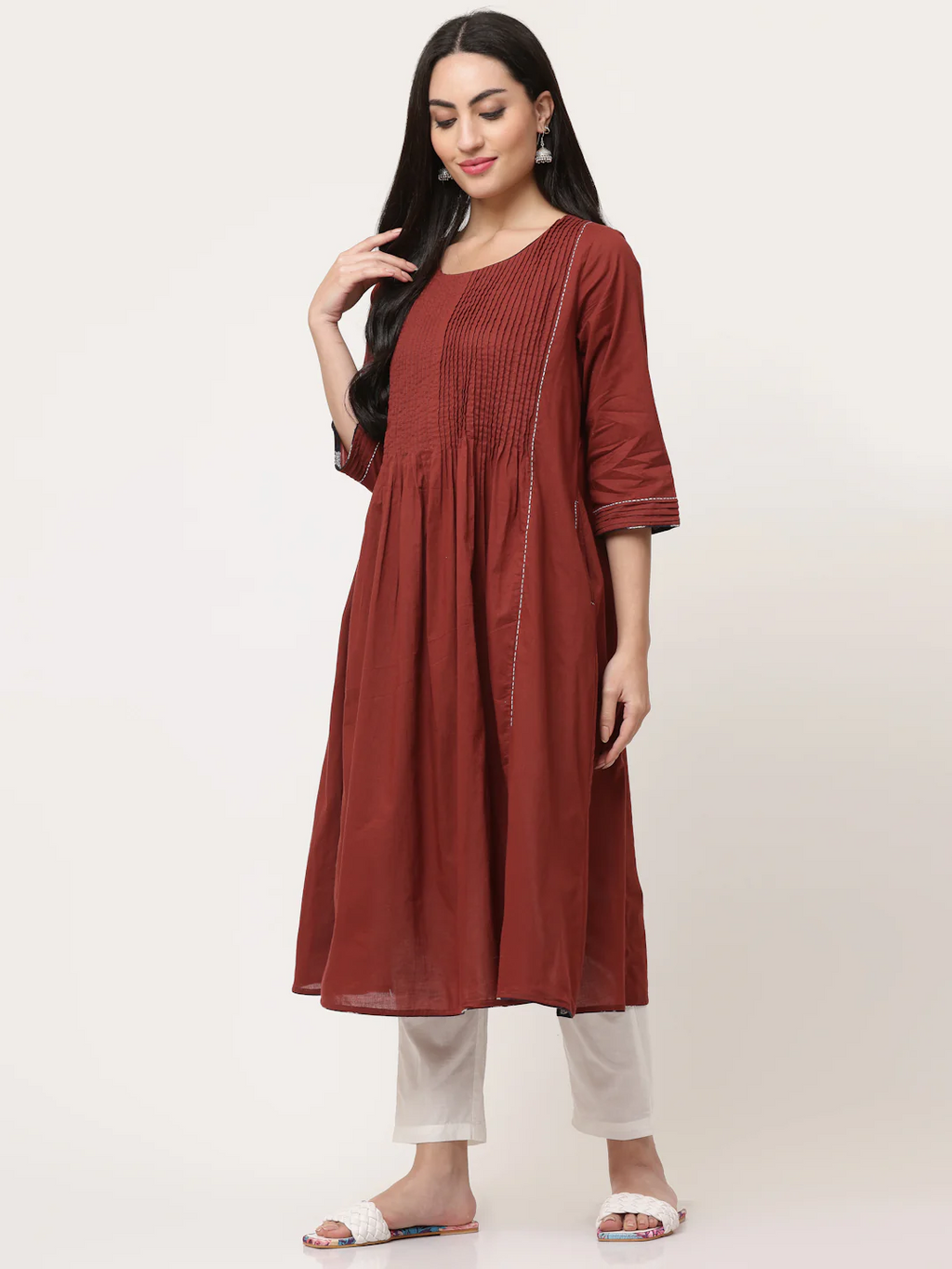 Wine Cotton Pintuck Designer A-Line Kurta