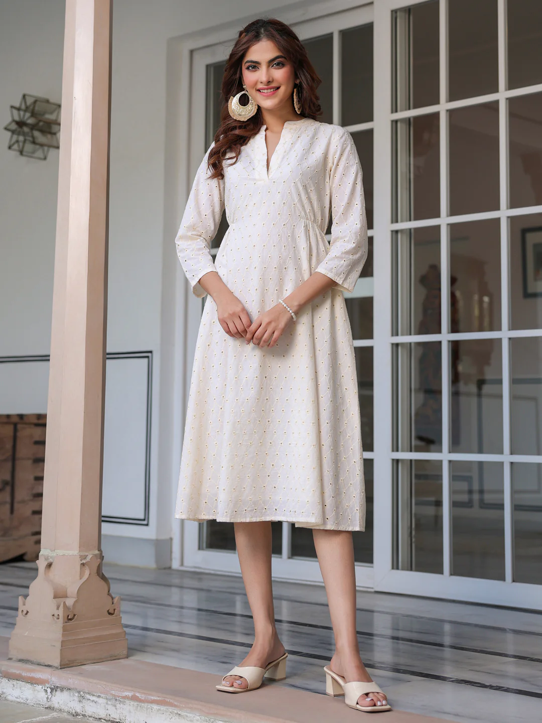 Women's Off White Pure Cotton Schiffli A-Line Dress