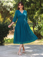 Women's Teal Blue Dobby Chiffon Self Design Fit & Flare Dress