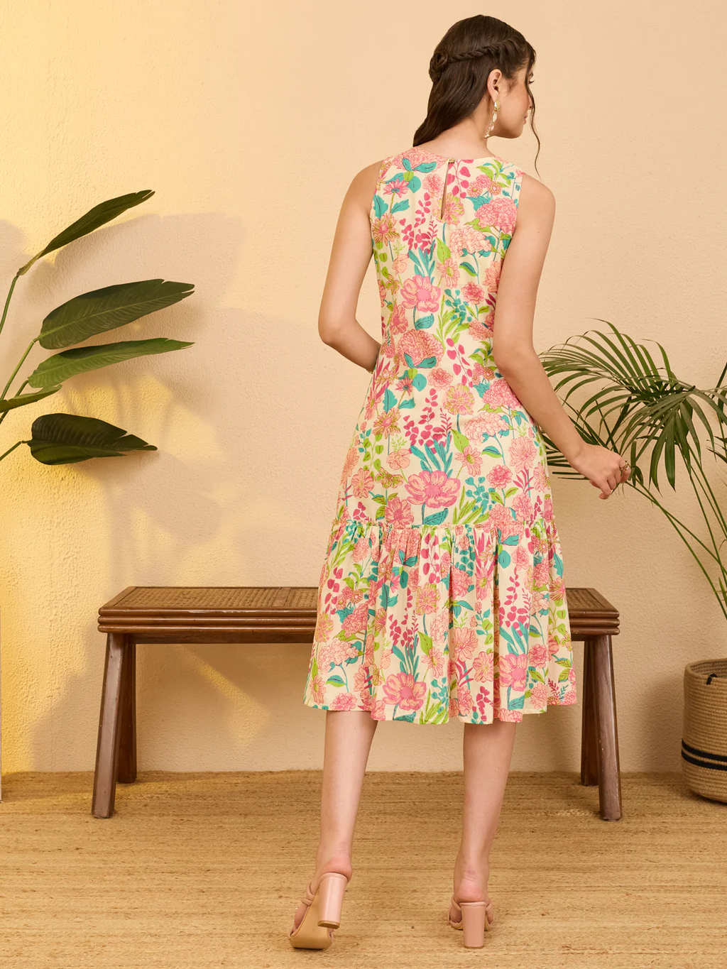 Women's Beige Pure Cotton Floral Printed A-line Dress