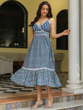 Navy Blue Cotton Printed Strappy Flared Dress